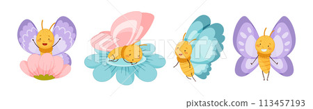 Funny Butterfly Character Flying with Wing and Smiling Face Vector Set Funny Butterfly Character Flying with Wing and Smiling Face Vector Set 113457193