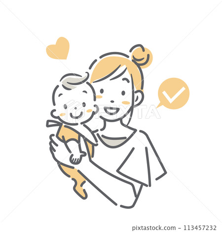一位微笑的母親抱著嬰兒 — 簡單而時尚的線條畫插圖 113457232