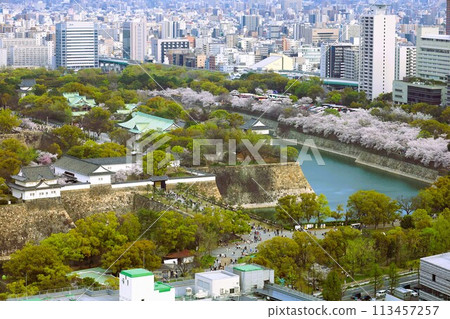 Bird's-eye view of Osaka Castle from the sky Cherry blossom season Ikoma mountain range Cherry blossoms in full bloom against the blue spring sky 113457257