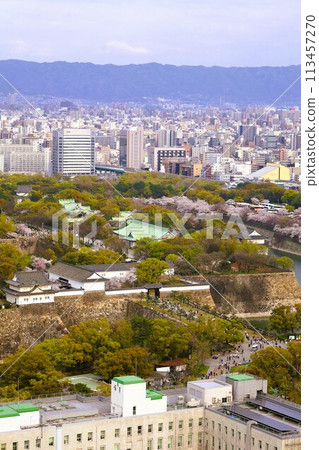 Bird's-eye view of Osaka Castle from the sky Cherry blossom season Ikoma mountain range Cherry blossoms in full bloom against the blue spring sky 113457270
