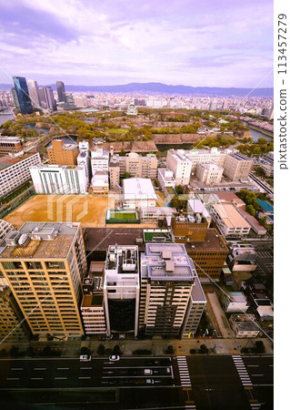 從空中鳥瞰大阪城，櫻花季，生駒山脈，櫻花盛開映襯著春天的藍天 113457279