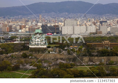 Bird's-eye view of Osaka Castle from the sky Cherry blossom season Ikoma mountain range Cherry blossoms in full bloom against the blue spring sky 113457303