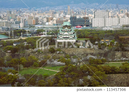 Bird's-eye view of Osaka Castle from the sky Cherry blossom season Ikoma mountain range Cherry blossoms in full bloom against the blue spring sky 113457306