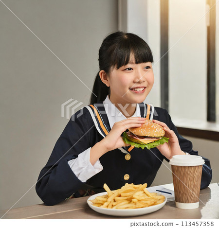 A high school girl eating a hamburger while chatting with her friends 113457358
