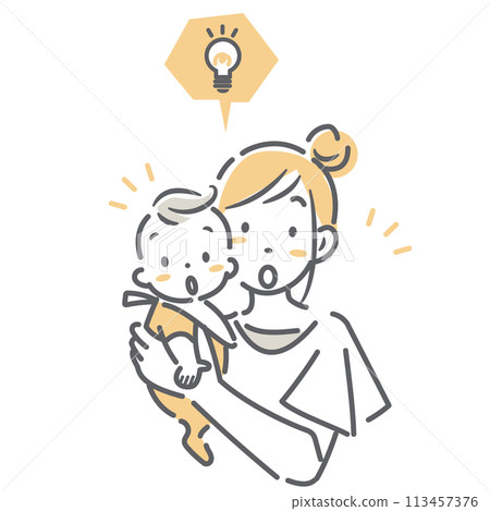 一位抱著嬰兒的母親對這些訊息感到驚訝。簡單時尚的線條畫插圖。 113457376