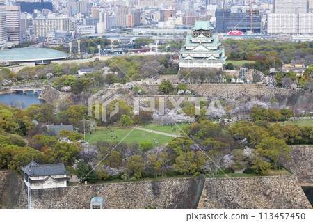 Bird's-eye view of Osaka Castle from the sky Cherry blossom season Ikoma mountain range Cherry blossoms in full bloom against the blue spring sky Bird's-eye view of Osaka Castle from the sky Cherry blossom season Ikoma mountain range Cherry blossoms in full bloom against the blue spring sky 113457450