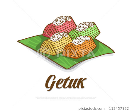 Illustration of Getuk, Indonesian Traditional Food or Snack Made from Cassava with Mixed Grated Coconut Illustration of Getuk, Indonesian Traditional Food or Snack Made from Cassava with Mixed Grated Coconut 113457532