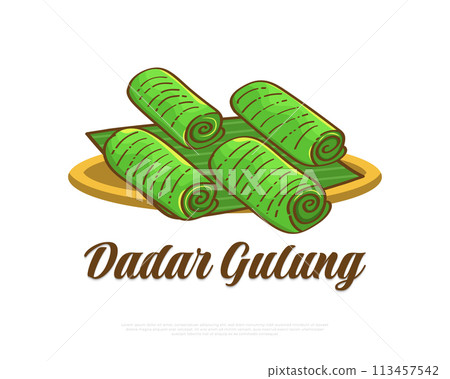 Hand Drawn Indonesian Traditional Food Named Dadar Gulung. Indonesian Snack, Sweet Pancake Rolls Filled with Grated Coconut 113457542