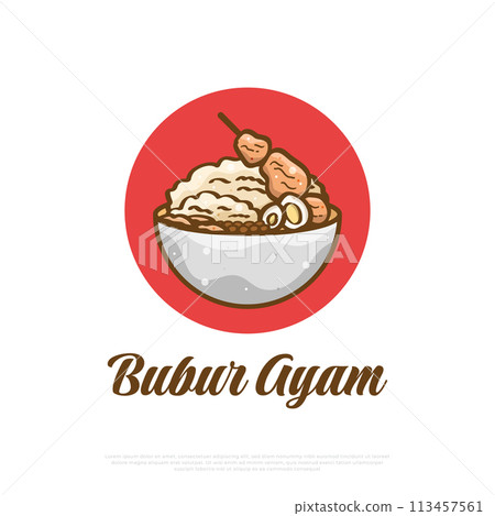 Bubur Ayam or Rice Porridge with Shredded Chicken, Eggs, and Meatballs. Asian Food Illustration 113457561