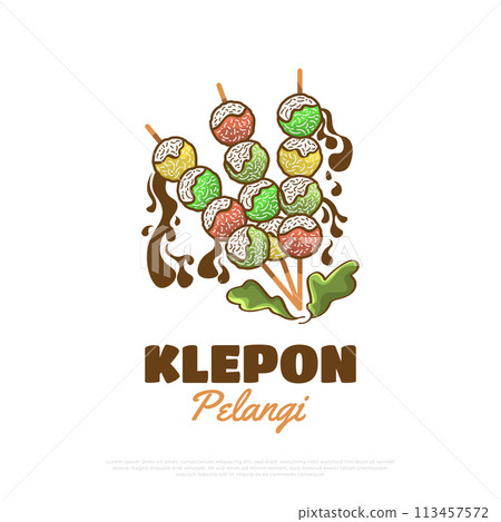 Klepon Pelangi, Indonesian Traditional Food or Snacks. Hand Drawn Vector Illustration 113457572