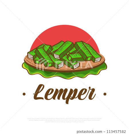 Hand Drawn Indonesian Traditional Food Named Lemper. Sticky Rice Filled with Chicken, Wrapped in Banana Leaves 113457582