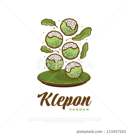 Klepon, Indonesian Traditional Food or Snacks. Klepon and Green Leaf Vector Illustration 113457583