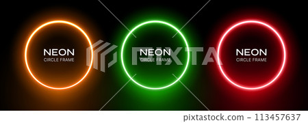 Neon round gradient. Ring frame with glow on a black background. Green, red and orange laser led circles. Set of illuminating geometric electrical spheres. Neon round gradient. Ring frame with glow on a black background. Green, red and orange laser led circles. Set of illuminating geometric electrical spheres. 113457637