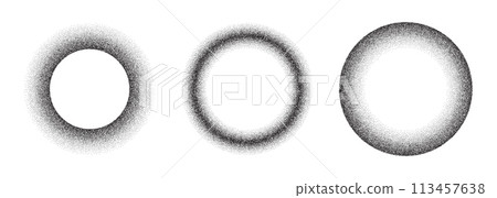 Noise gradient frame. Dots circle border. Ring grain texture. Round stipple pattern. Set of spherical halftons. 113457638