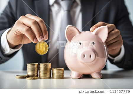 特寫商務男士手拿硬幣與小豬存錢罐金融概念 特寫商務男士手拿硬幣與小豬存錢罐金融概念 113457779