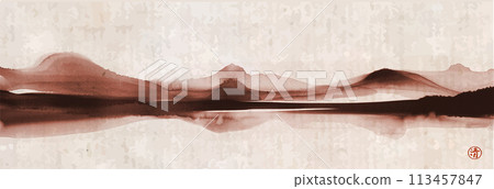 Chinese ink wash painting depicting tranquil mountains reflected in the still waters of a serene lake on vintage background. Oriental ink painting sumi-e, u-sin, go-hua. Hieroglyph - clarity 113457847