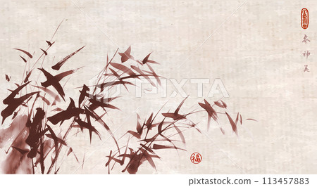 Ink wash painting of bamboo on vintage background. Traditional oriental ink painting sumi-e, u-sin, go-hua. Hieroglyphs - spring, spirit, beauty, good luck. 113457883