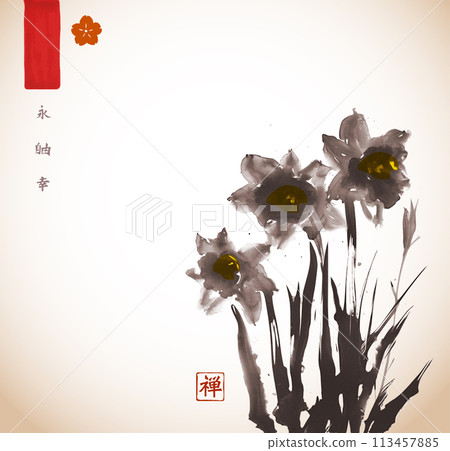 Daffodils painted with expressive brush strokes. Traditional oriental ink painting sumi-e, u-sin, go-hua.Hieroglyphs - eternity, freedom, happiness, zen 113457885