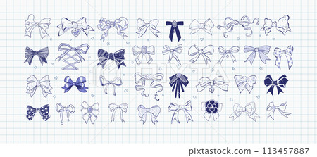 Collection of doodle ribbon bow ties with various patterns on lined paper. Girl style doodle illustration Collection of doodle ribbon bow ties with various patterns on lined paper. Girl style doodle illustration 113457887