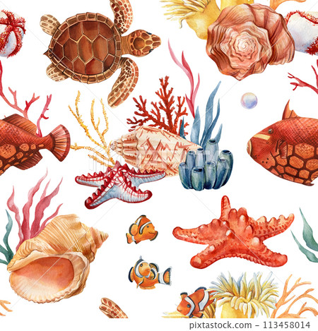 Trendy Hand drawn seashell, starfish, fish. Marine Seamless Pattern watercolor Design fabric, wallpaper. Tropical ocean 113458014