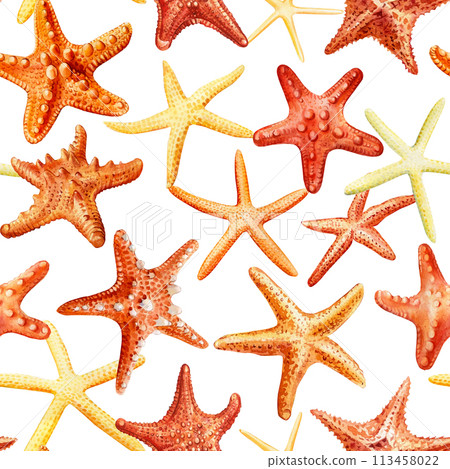 Seamless pattern with starfish. Watercolor illustration for wrapping, textile. Colorful starfish Marine background.  113458022