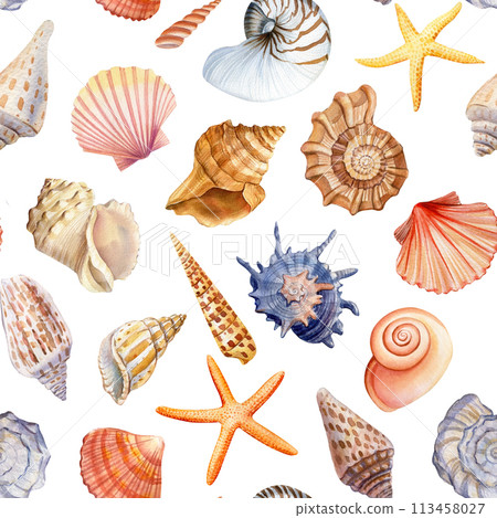 Seamless pattern with seashells, coral and starfish. Marine background. Watercolor illustration for wrapping , textile 113458027