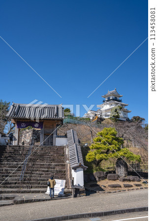 掛川城（靜岡縣），春天的城堡塔樓，背景是清澈的藍天 113458081