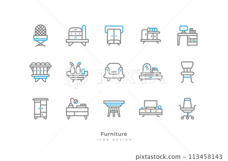Set of Furniture Icons with Simple Line Style. Contains Lamp, Chair, Table, Cupboard, Wardrobe, Bookshelf, Bed, Mirror and More 113458143