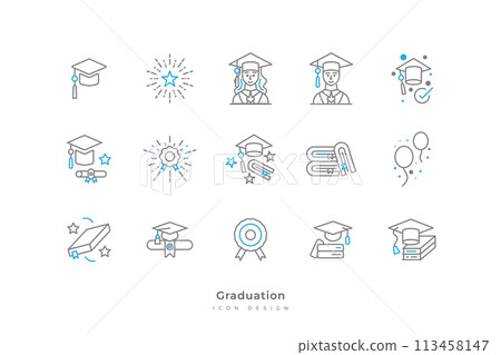 Graduation Icon Collection with Simple and Minimalist Line Style. Contains Graduation Cap, Toga, Scroll, Certificate, Book, Medal, and More Graduation Icon Collection with Simple and Minimalist Line Style. Contains Graduation Cap, Toga, Scroll, Certificate, Book, Medal, and More 113458147