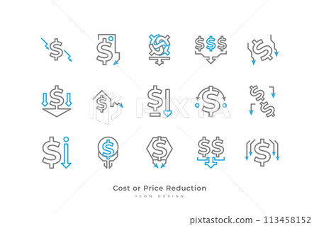Cost or Price Reduction Icon Set with Simple Line Style. Business and Financial Illustration. Reduced Finance. Decrease Symbol 113458152