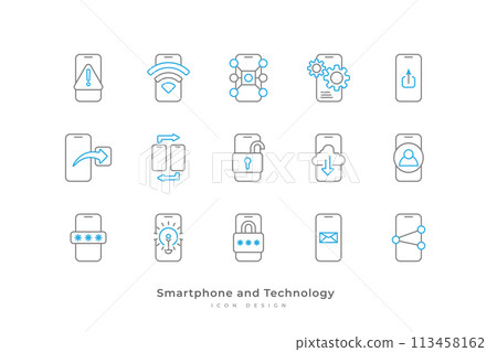 Mobile Phone Functions and Settings Icons with Line Style. Smartphone Technology Icon Set Mobile Phone Functions and Settings Icons with Line Style. Smartphone Technology Icon Set 113458162