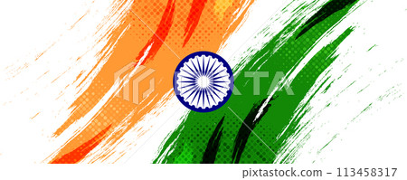 India Flag Background with Brush Style and Halftone Effect. Indian Tricolor National Flag Illustration with Grunge Concept 113458317