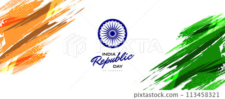 26th January Happy Republic Day of India. Indian Tricolor Flag Illustration in Brush Style 113458321