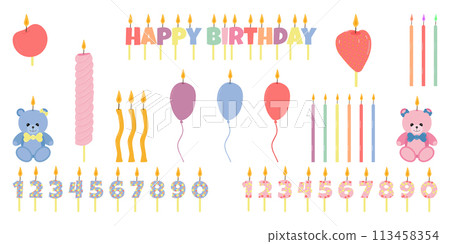 Burning Birthday Candles. Festive and color decor. Design of greeting cards, banners, posters. Vector flat illustration. 113458354