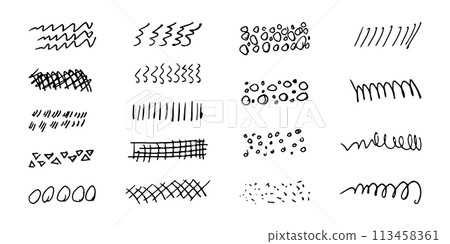 Brushes and elements for notes highlighting text. Strokes lines doodles dotted wavy strokes. Vector illustration... Brushes and elements for notes highlighting text. Strokes lines doodles dotted wavy strokes. Vector illustration... 113458361