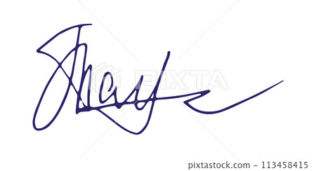 Fake signature hand drawn sample own autograph. Fictitious handwritten signature. Blue ink color. Scribble for sample contracts documents certificates or letters. Vector illustration. 113458415