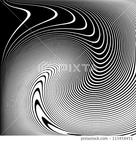 Vortex Whirl Movement Design. Wavy Lines Halftone Op Art Pattern. 3D Illusion. Abstract Textured Black and White Background. Vector Illustration. Vortex Whirl Movement Design. Wavy Lines Halftone Op Art Pattern. 3D Illusion. Abstract Textured Black and White Background. Vector Illustration. 113458451