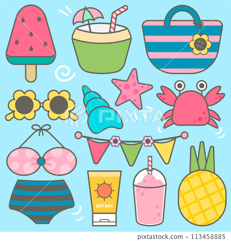 Kids hand drawn kawaii summer cute elements set vector illustration 113458885