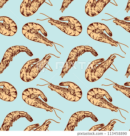 Shrimp seamless pattern. Hand drawn vector illustration on a blue background. For packaging paper, wallpaper, fabric, covers, textiles, food bags. 113458890