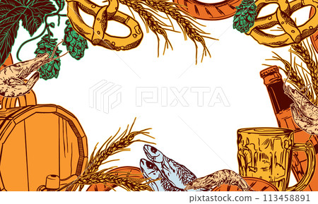 Beer set, barrel, bottle, mug, pretzel, hops, shrimp, fish. Vector illustration for labels, banners, posters, covers, menus, invitations. Oktoberfest. 113458891