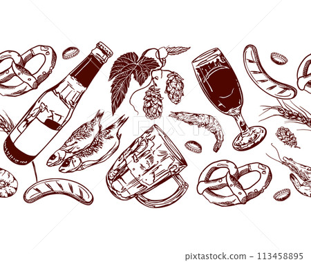 Beer glass, mug, bottle, hops, shrimp, fish, pretzel, wheat. Seamless border. Vector illustration for labels, banners, menu, festival invitation. Beer glass, mug, bottle, hops, shrimp, fish, pretzel, wheat. Seamless border. Vector illustration for labels, banners, menu, festival invitation. 113458895