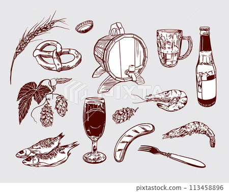 Beer glass, mug, barrel, bottle, hops, shrimp, fish, sausage, pretzel, wheat. Vintage vector illustration for web, labels, menus, festival invitation. 113458896