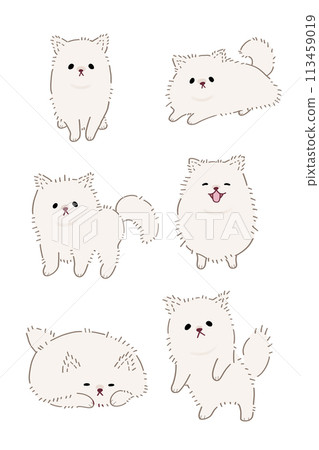 一組 6 張白色博美犬插圖 一組 6 張白色博美犬插圖 113459019
