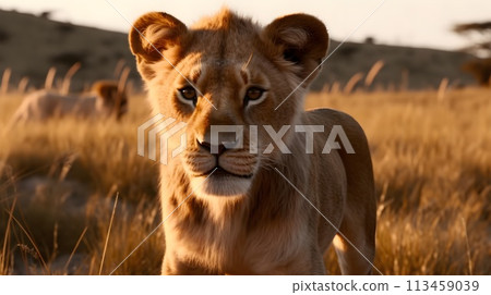 Close up portrait young lion or baby lion, stare or looking at the camera at the savannah desert background. 113459039