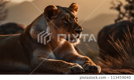 Close up portrait from side face ferocious carnivore female lion sit and rest, stare or looking straight forward at the savannah desert background. 113459040
