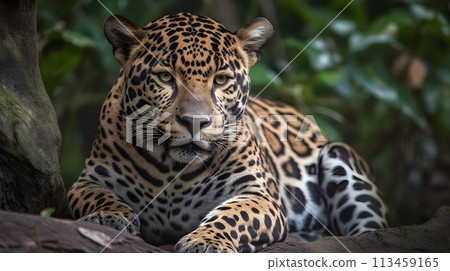 Ferocious carnivore leopard sit and relaxed and stare at something with nature background. Ferocious carnivore leopard sit and relaxed and stare at something with nature background. 113459165