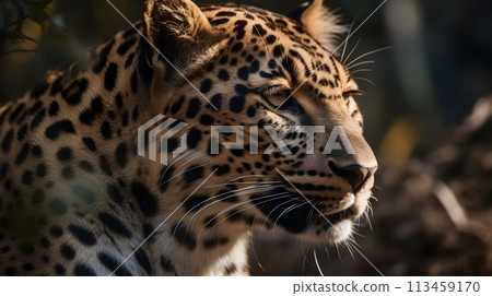 Close up portrait from side face ferocious carnivore leopard, stare or looking straight forward at nature background. Close up portrait from side face ferocious carnivore leopard, stare or looking straight forward at nature background. 113459170