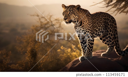 Ferocious carnivore leopard standing and stare straight forward at something at the high ground rocky stone hill with nature background. Ferocious carnivore leopard standing and stare straight forward at something at the high ground rocky stone hill with nature background. 113459171