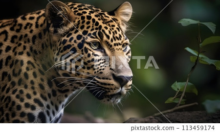 Close up portrait from side face ferocious carnivore leopard, stare or looking straight forward at nature background. 113459174