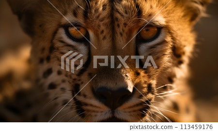 Close up portrait ferocious carnivore leopard, stare or looking at the camera at nature background. 113459176